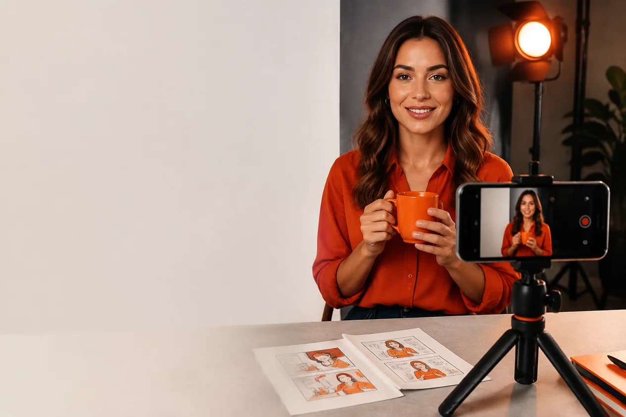 Turuncu kupayı tutan sentetik yetişkin sunucu, telefon ve reklam senaryosu kartları.